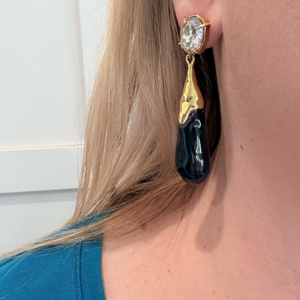 Alexis Bittar Black and Liquid Gold Lucite Crystal Drop Earrings LIKE NEW - Picture 2 of 3